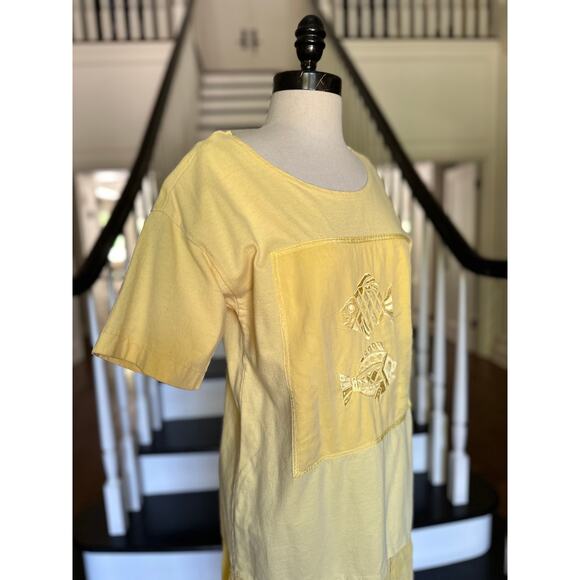 Vintage 90s Johnny Was Cotton Silk Yellow TShirt Dress Resort Beach Pool CoverUp - Picture 7 of 11